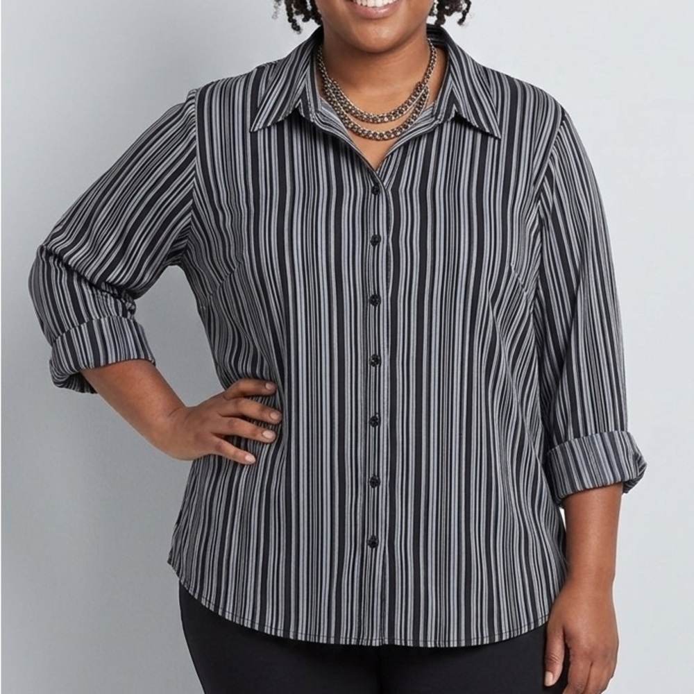EAST 5TH Black and White Striped Button Front Long Sleeve Shirt 3X